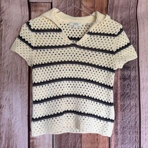 Vince Striped Macrame Open Knit Polo Coastal Lightweight Cream Preppy Summer XS